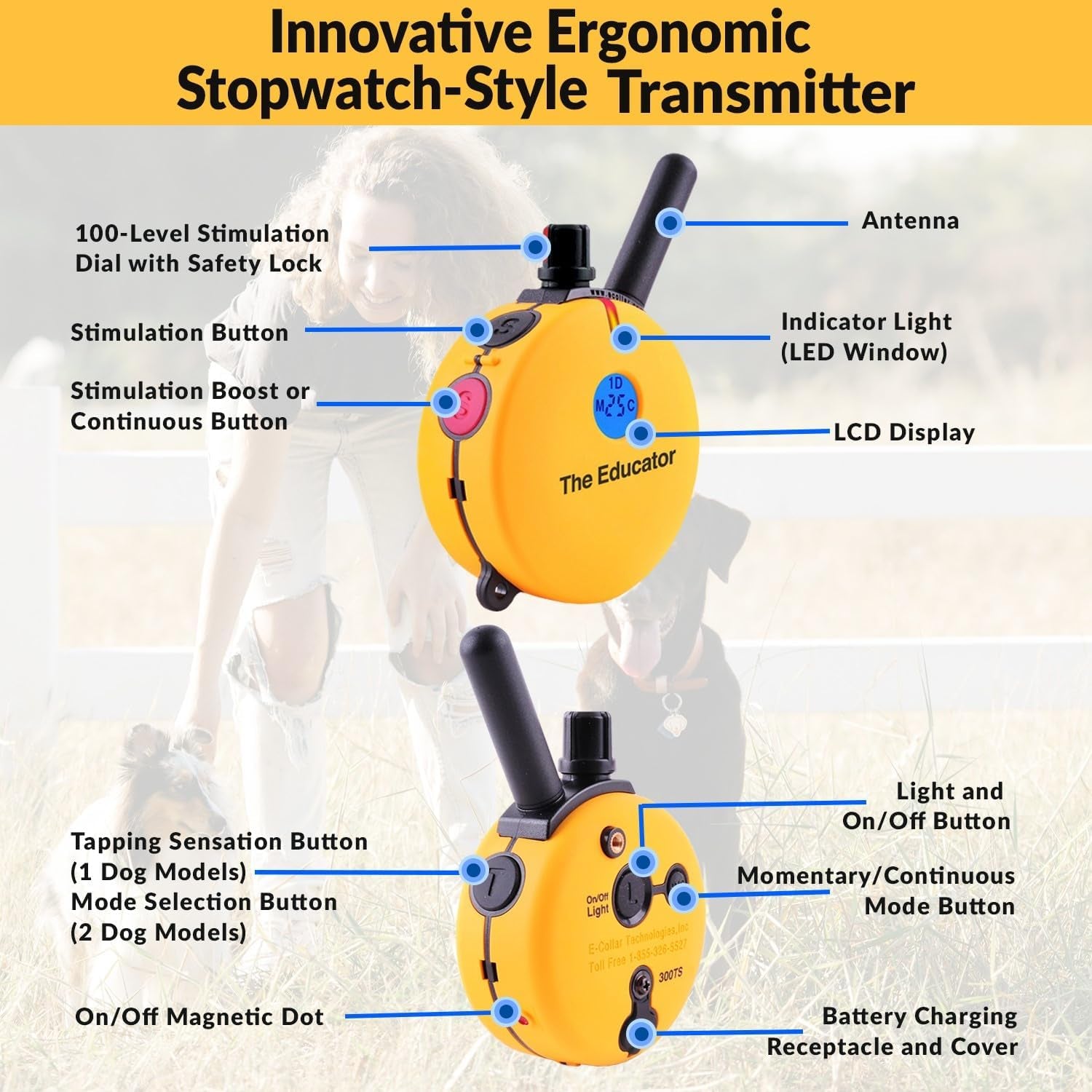 E-Collar Humane Dog Training System with Remote Control, 100 Safe Stimulation Levels, Night Light, Waterproof, Rechargeable, 3/4 Mile Range for Small to Medium Dogs, Yellow