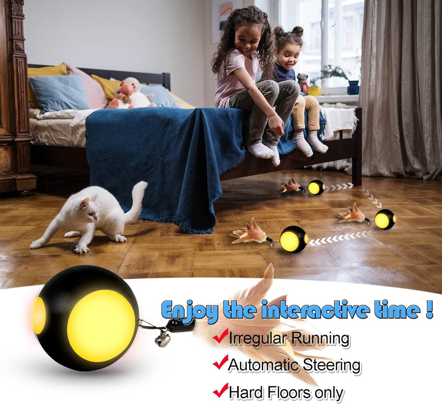 Automatic Interactive Cat Toy Ball - Rechargeable Feather Ball with Bell & LED Lights for Indoor Cats and Kittens (Black)