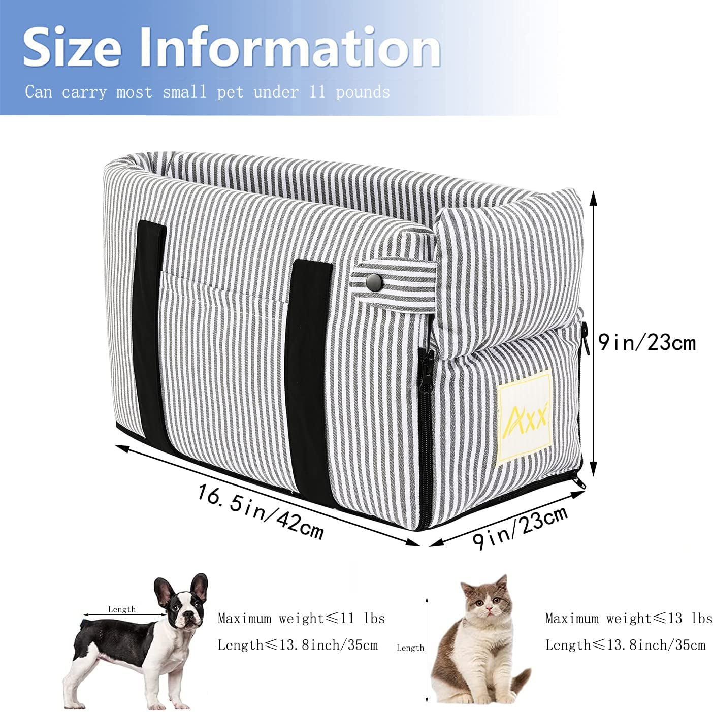 Pet Car Seat for Small to Medium Dogs and Cats - Booster Bed with Storage Pocket, Safety Leash, and Removable Washable Cover (Stripe)