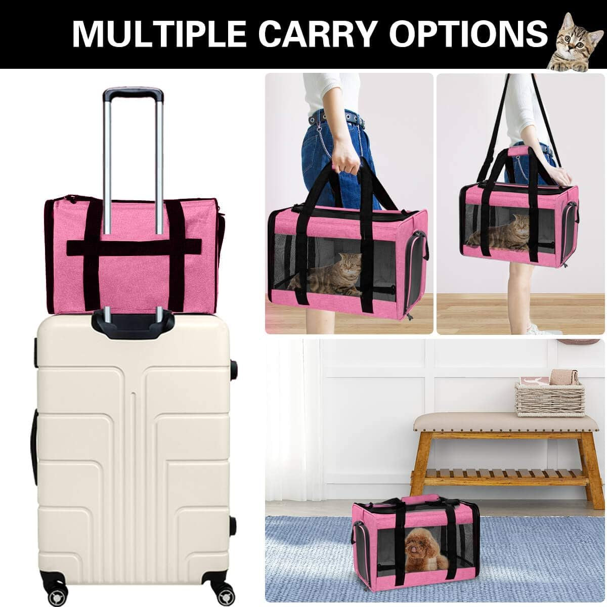 Large Soft-Sided Pet Carrier for Dogs and Cats up to 25 lbs - Collapsible Travel Carrier in Rose
