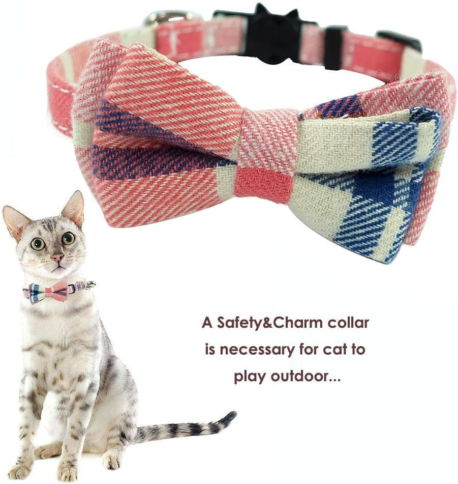 Adjustable Breakaway Cat Collar with Bell and Bow Tie, Pink Plaid Design for Kittens (6.8-10.8 inches)