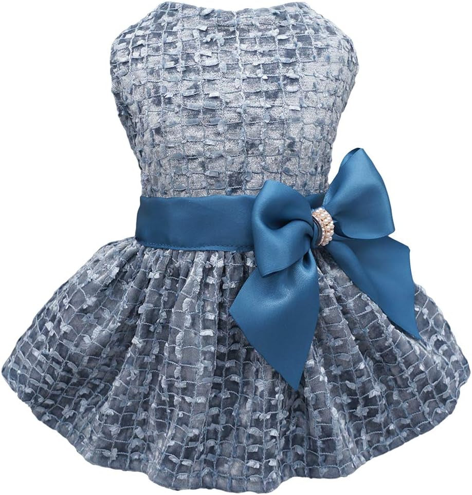 Embroidered Dog Dress - Elegant Puppy Prom Gown and Cat Birthday Party Attire in Blue, Medium Size