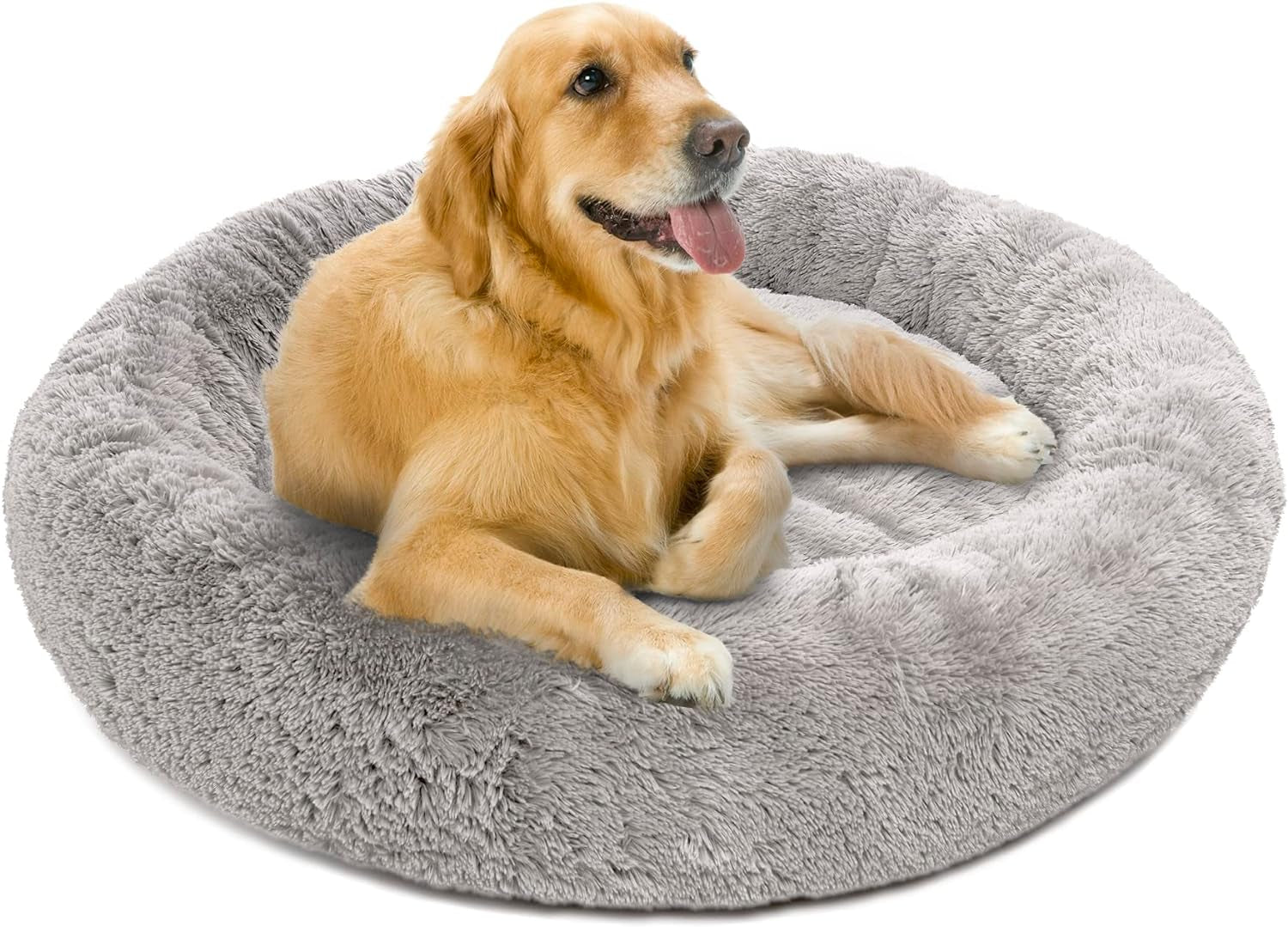 Large Dog Faux Fur Calming Sofa Bed - Soft & Plush Anti-Anxiety Pet Couch, Machine Washable with Non-Slip Bottom, 36"x36"x8", Grey