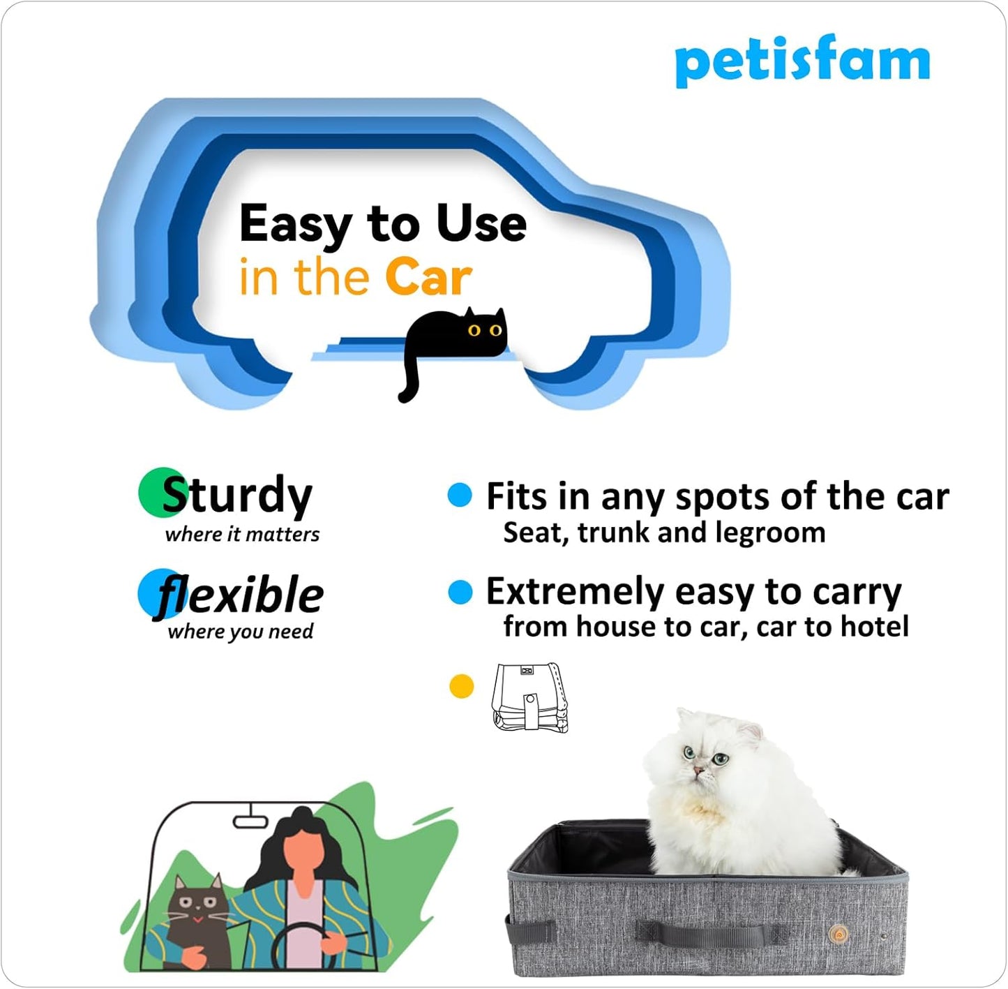 Portable Cat Travel Litter Box with Zipped Lid for Odor Control and Leak Prevention - Convenient for Car, Hotel, and Airplane Use (Large, Grey)