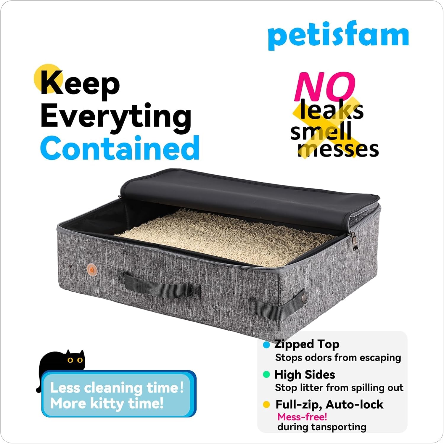 Portable Cat Travel Litter Box with Zipped Lid for Odor Control and Leak Prevention - Convenient for Car, Hotel, and Airplane Use (Large, Grey)