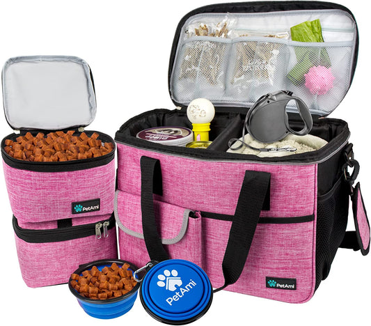 Medium Dog Travel Bag - Organized Travel Pet Bag with Food Container and Bowls, Ideal for Weekend Camping and Diaper Needs (Pink)