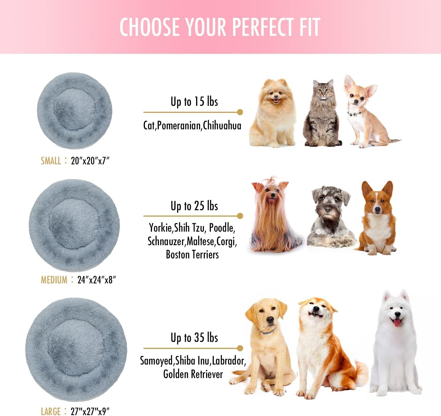Anti-Anxiety Round Fluffy Plush Faux Fur Washable Pet Bed for Dogs and Cats, Ideal for Joint Relief and Improved Sleep (20", Light Grey)