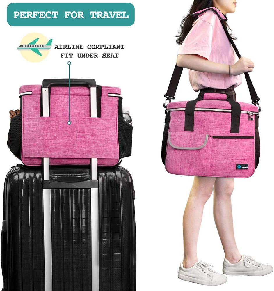 Medium Dog Travel Bag - Organized Travel Pet Bag with Food Container and Bowls, Ideal for Weekend Camping and Diaper Needs (Pink)