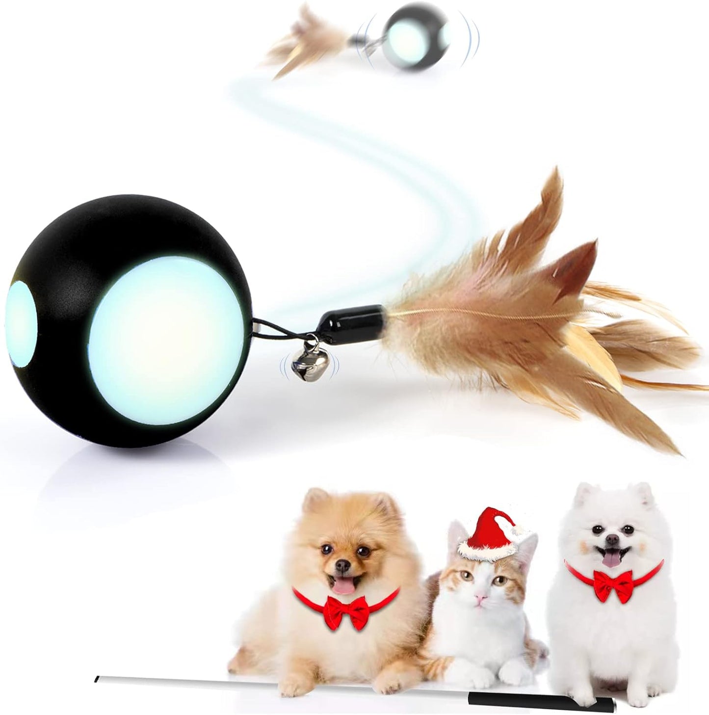 Automatic Interactive Cat Toy Ball - Rechargeable Feather Ball with Bell & LED Lights for Indoor Cats and Kittens (Black)