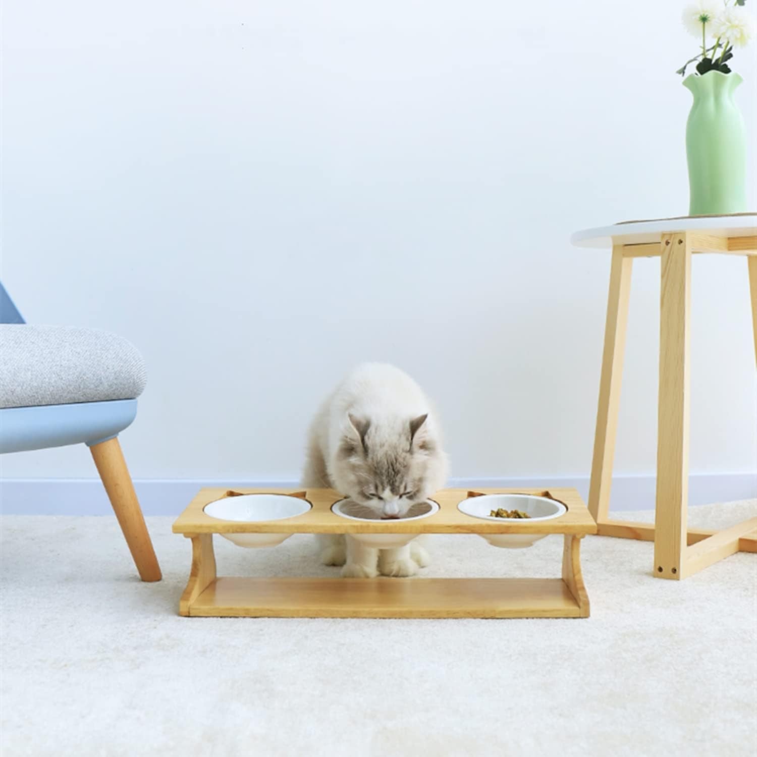 Elevated Pet Dining Table with Raised Wooden Stand and Ceramic Bowls for Cats and Dogs (3 Bowls)