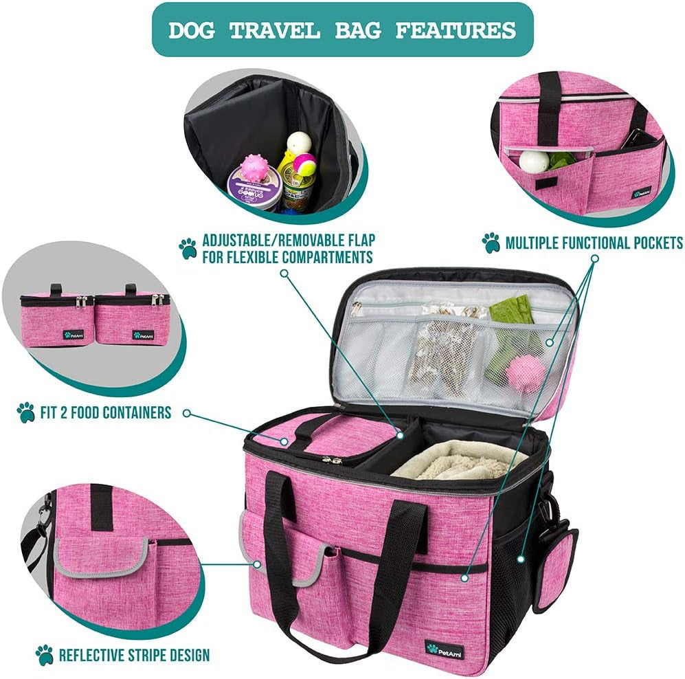 Medium Dog Travel Bag - Organized Travel Pet Bag with Food Container and Bowls, Ideal for Weekend Camping and Diaper Needs (Pink)