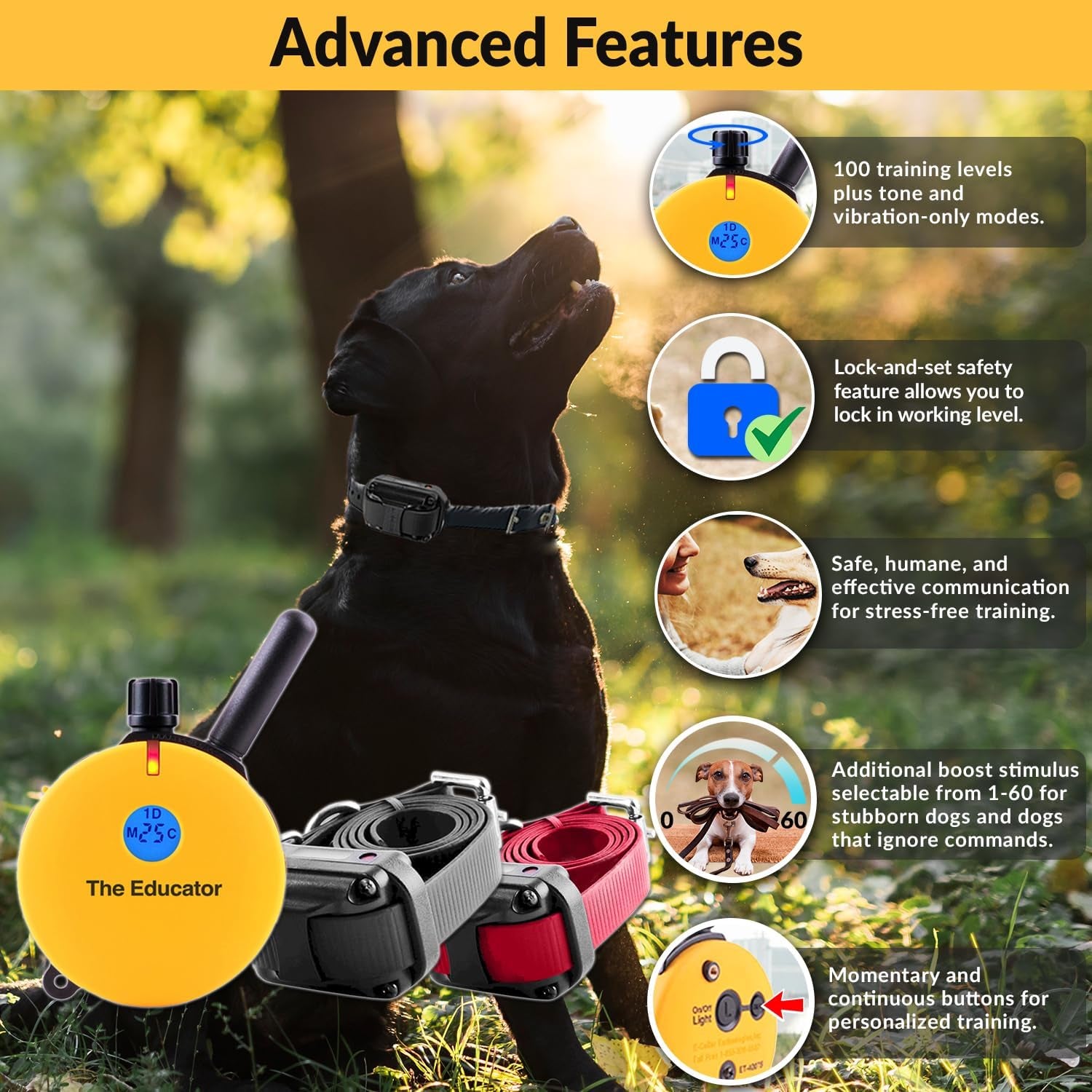 E-Collar Humane Dog Training System with Remote Control, 100 Safe Stimulation Levels, Night Light, Waterproof, Rechargeable, 3/4 Mile Range for Small to Medium Dogs, Yellow