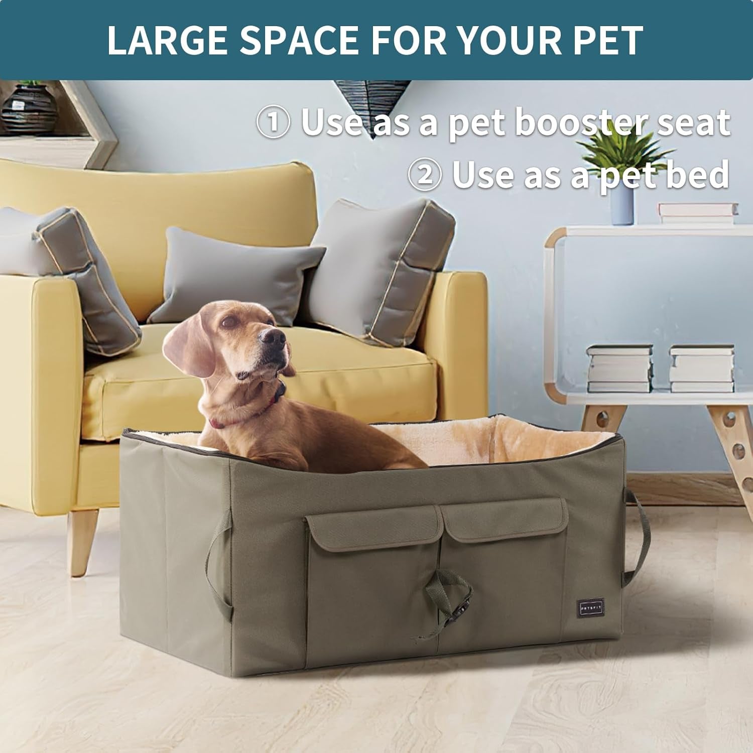 Large Dog Booster Seat for Two Small Dogs or One Medium Dog up to 45 lbs, Featuring Two Spacious Pockets for Cars, Trucks, and SUVs (Dark Brown)
