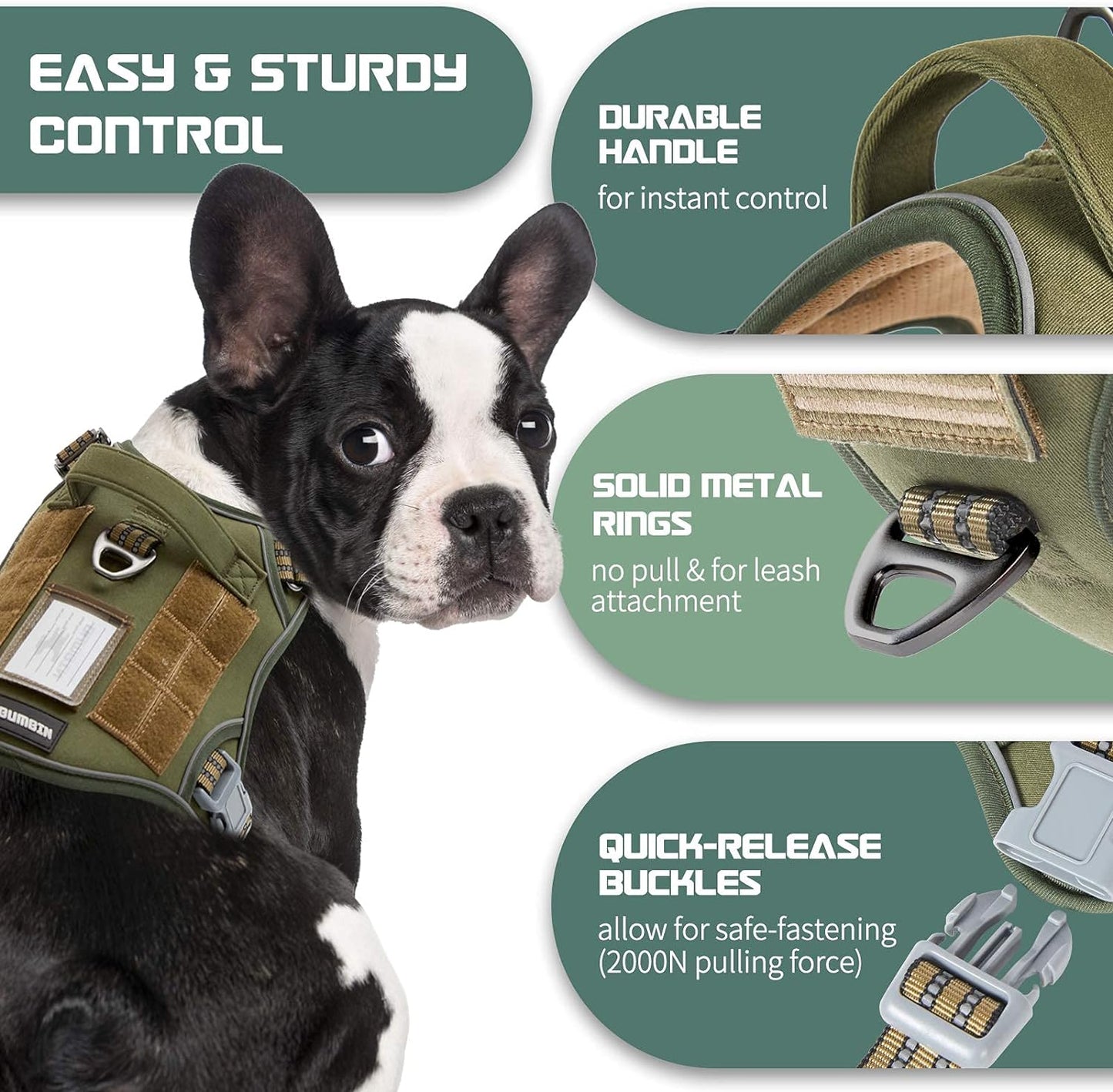 Tactical No-Pull Dog Harness for Medium Dogs - Adjustable Reflective Vest with Handle for Training and Walking - Green M
