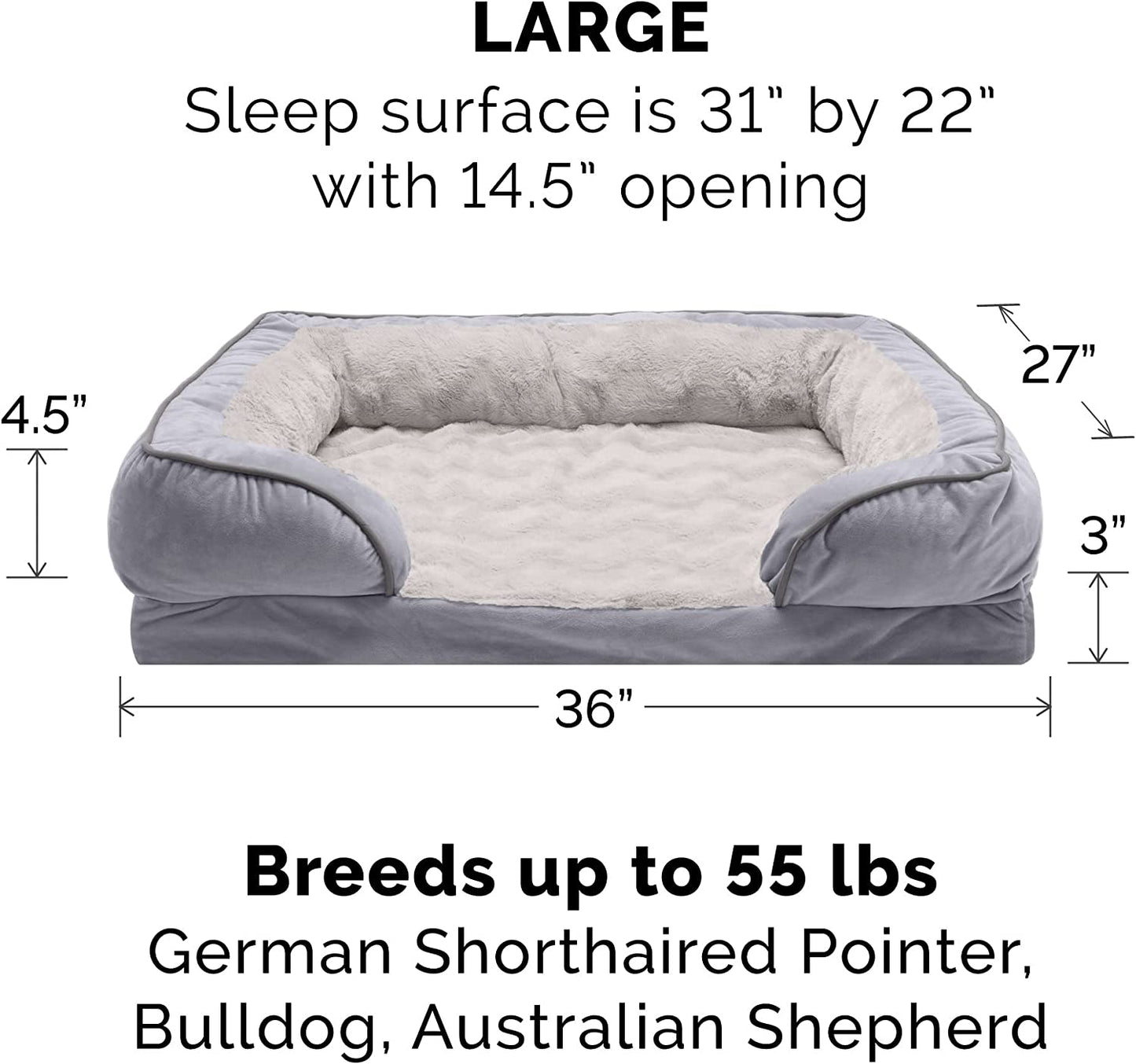 Orthopedic Foam Dog Bed with Washable Velvet Cover - Granite Gray, Large (for dogs up to 55 lbs)