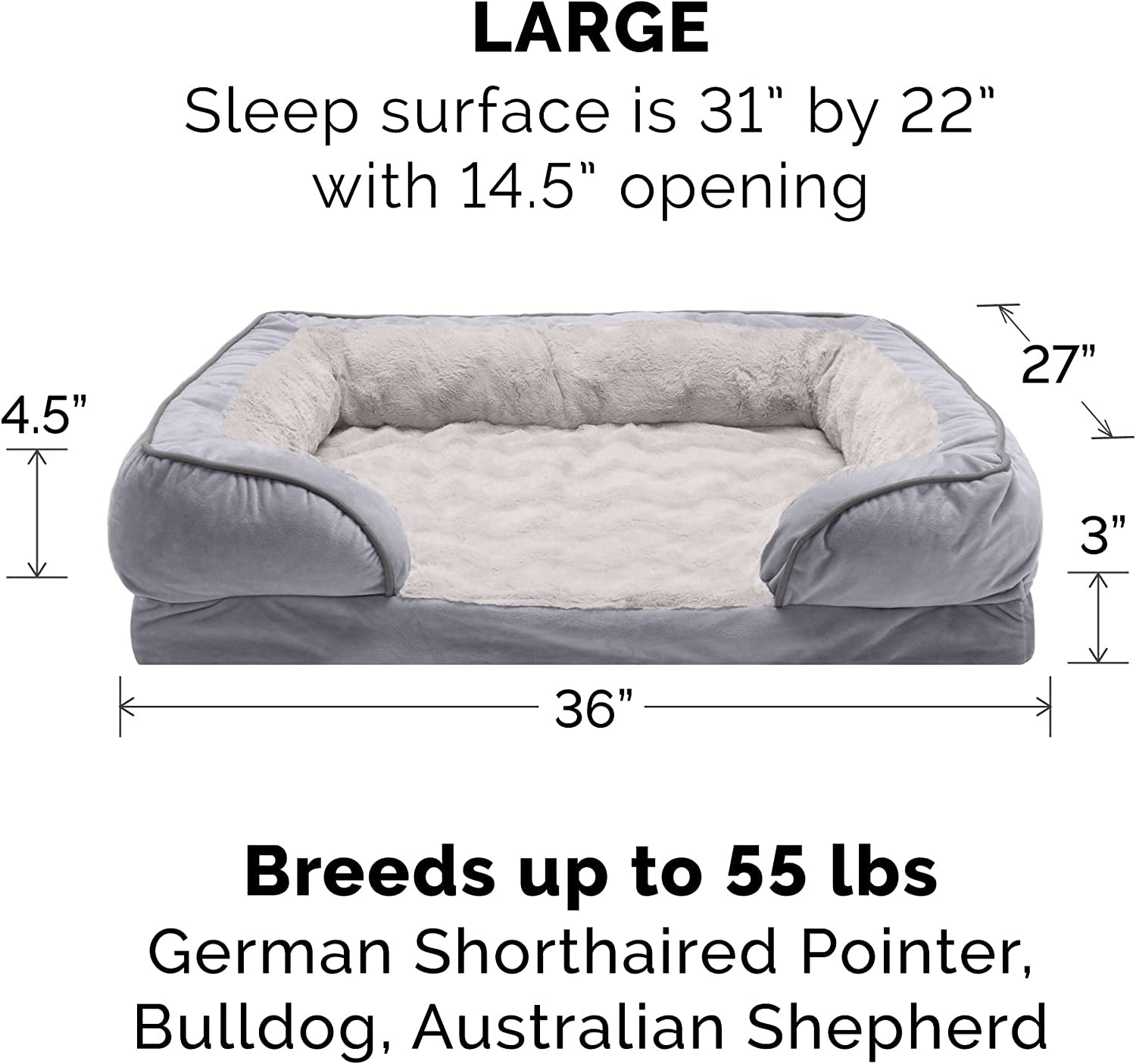Orthopedic Foam Dog Bed with Washable Velvet Cover - Granite Gray, Large (for dogs up to 55 lbs)