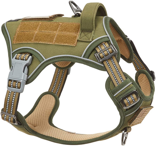 Tactical No-Pull Dog Harness for Medium Dogs - Adjustable Reflective Vest with Handle for Training and Walking - Green M
