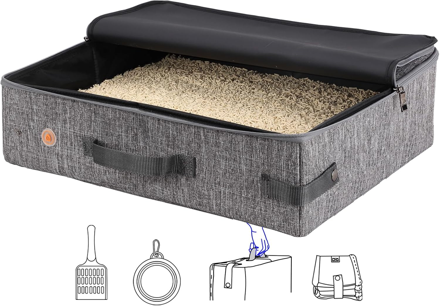 Portable Cat Travel Litter Box with Zipped Lid for Odor Control and Leak Prevention - Convenient for Car, Hotel, and Airplane Use (Large, Grey)