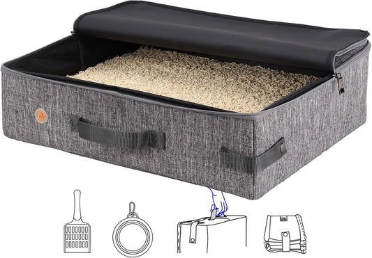 Portable Cat Travel Litter Box with Zipped Lid for Odor Control and Leak Prevention - Convenient for Car, Hotel, and Airplane Use (Large, Grey)