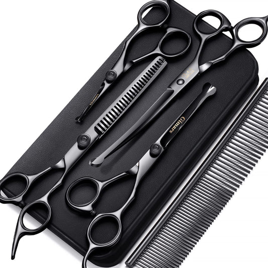 7-Inch Professional 6-in-1 Grooming Scissors for Dogs, Cats, and Other Animals - Heavy Duty Titanium Coated Stainless Steel with Safety Round Tip
