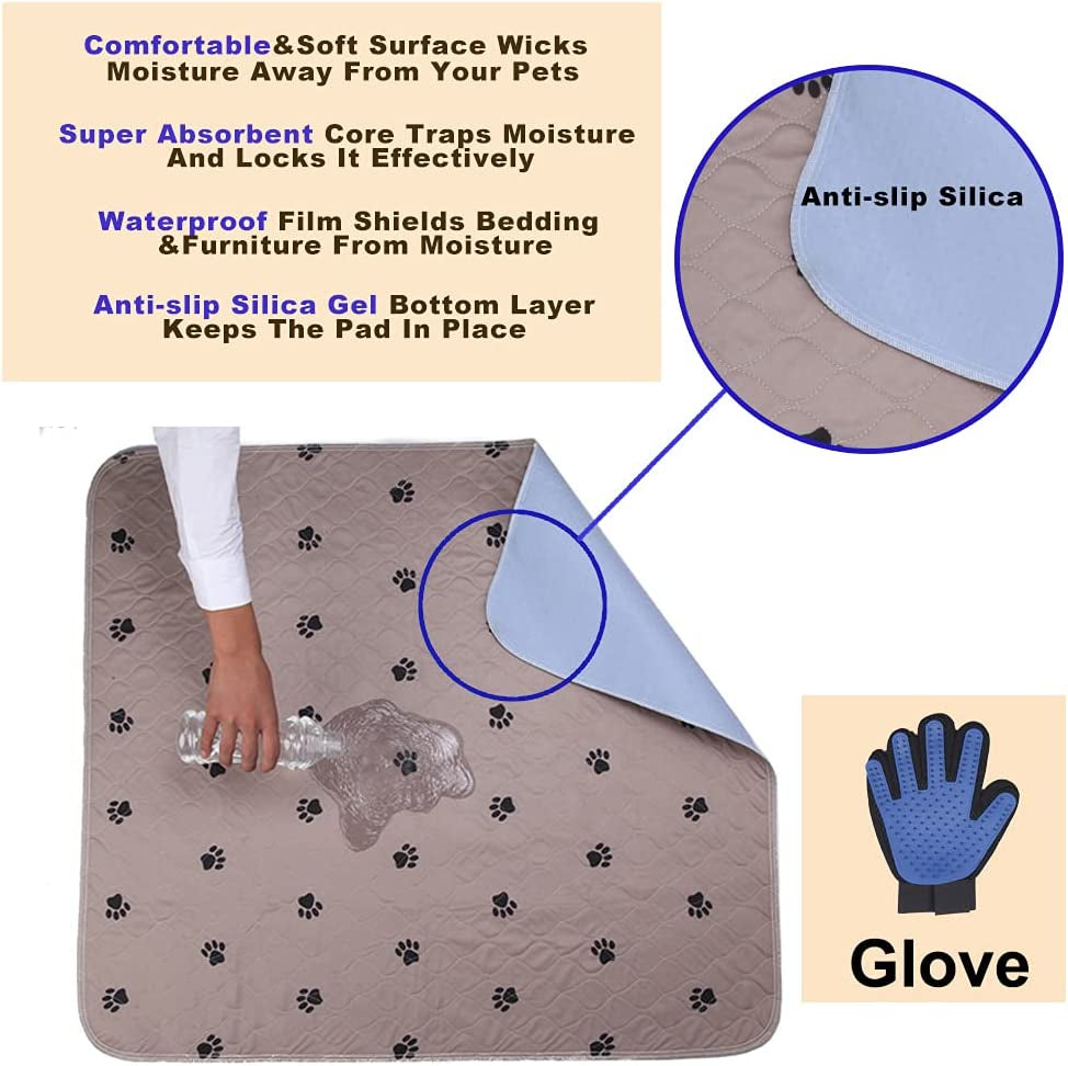 Reusable Washable Dog Pee Pads with Puppy Grooming Gloves, Large Waterproof Pet Training Pads, Super Absorbent Whelping Pads, 41x41 Inch (Pack of 2)