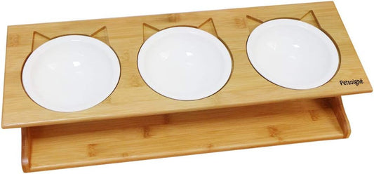Elevated Pet Dining Table with Raised Wooden Stand and Ceramic Bowls for Cats and Dogs (3 Bowls)