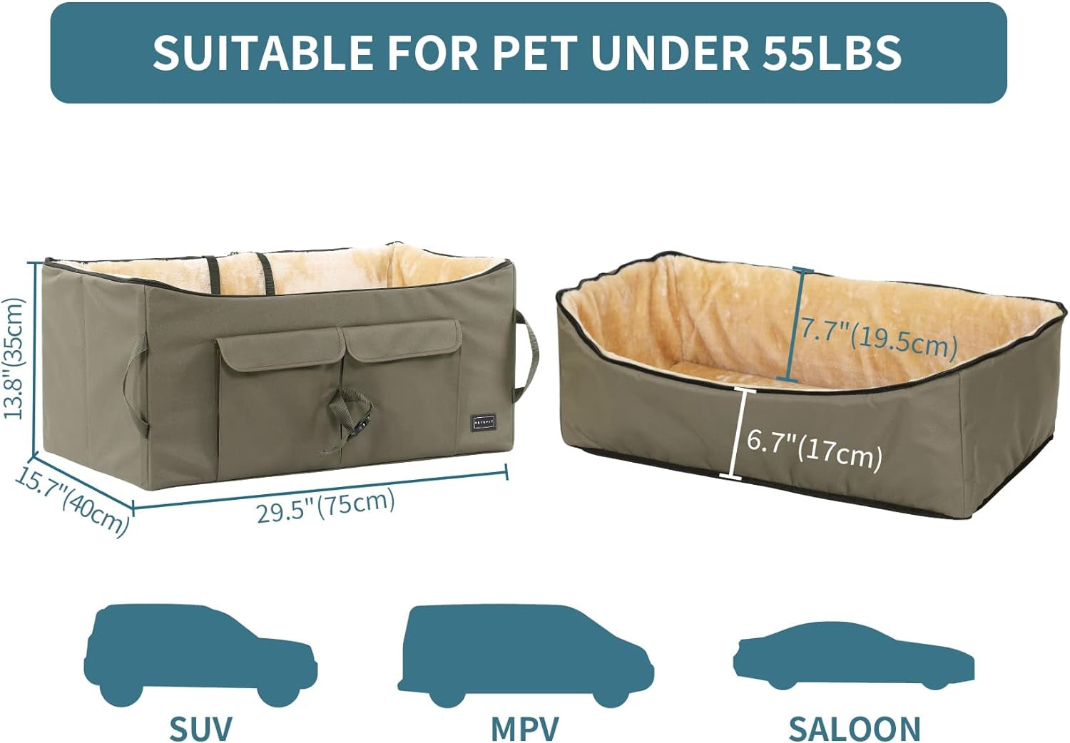 Large Dog Booster Seat for Two Small Dogs or One Medium Dog up to 45 lbs, Featuring Two Spacious Pockets for Cars, Trucks, and SUVs (Dark Brown)