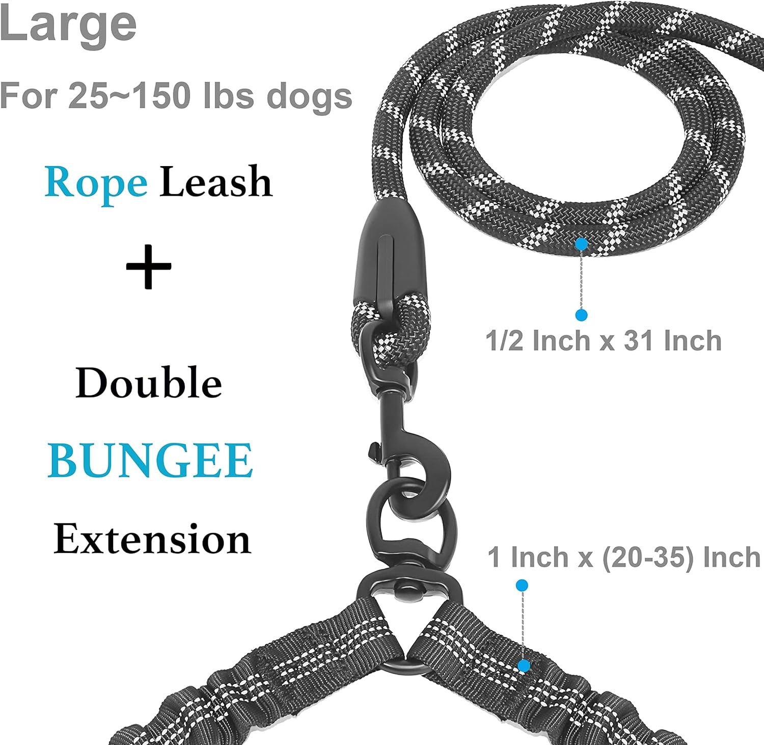 Dual Dog Leash with 360° Swivel and Shock Absorbing Bungee for Tangle-Free Walking of Two Dogs (Large, 25-150 lbs, Black)