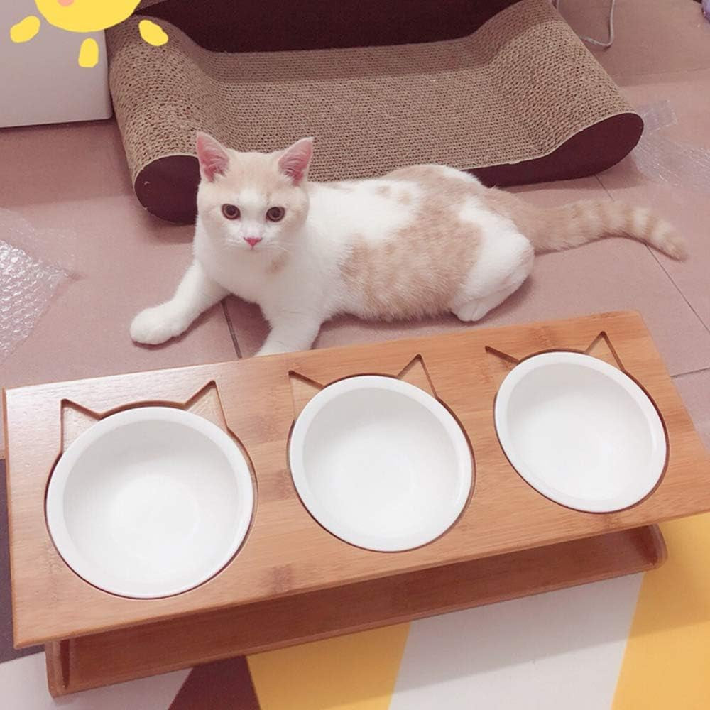 Elevated Pet Dining Table with Raised Wooden Stand and Ceramic Bowls for Cats and Dogs (3 Bowls)