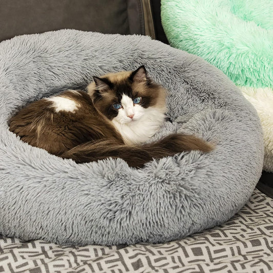 Anti-Anxiety Round Fluffy Plush Faux Fur Washable Pet Bed for Dogs and Cats, Ideal for Joint Relief and Improved Sleep (20", Light Grey)