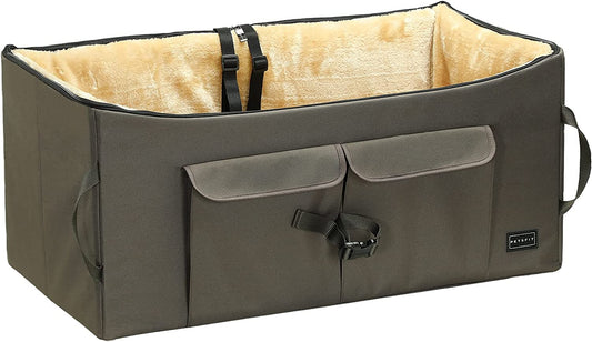 Large Dog Booster Seat for Two Small Dogs or One Medium Dog up to 45 lbs, Featuring Two Spacious Pockets for Cars, Trucks, and SUVs (Dark Brown)