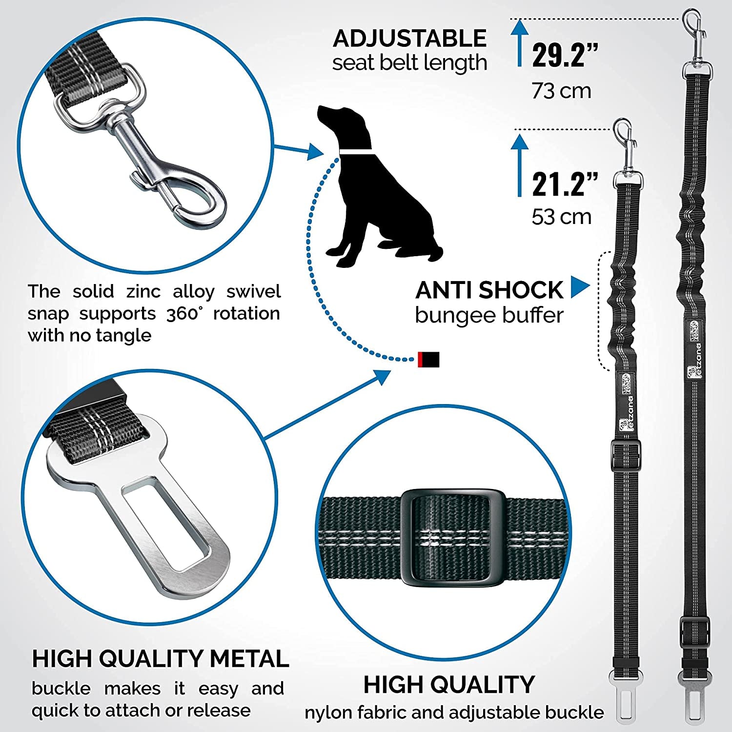 Dog Seat Belt with Elastic Bungee Buffer | Adjustable Car Travel Accessory (Black)