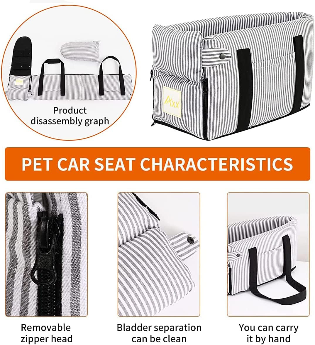 Pet Car Seat for Small to Medium Dogs and Cats - Booster Bed with Storage Pocket, Safety Leash, and Removable Washable Cover (Stripe)